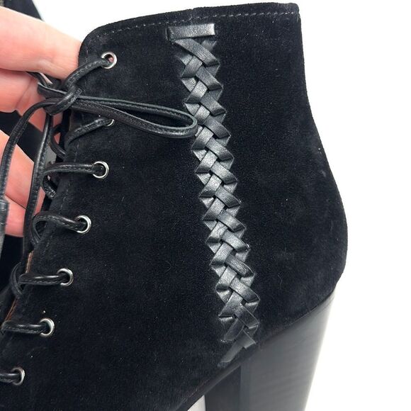 Frye Black Suede Leather Dani
Whipstitch Peep Toe Lace zip Booties block Heel 8 - Picture 6 of 13